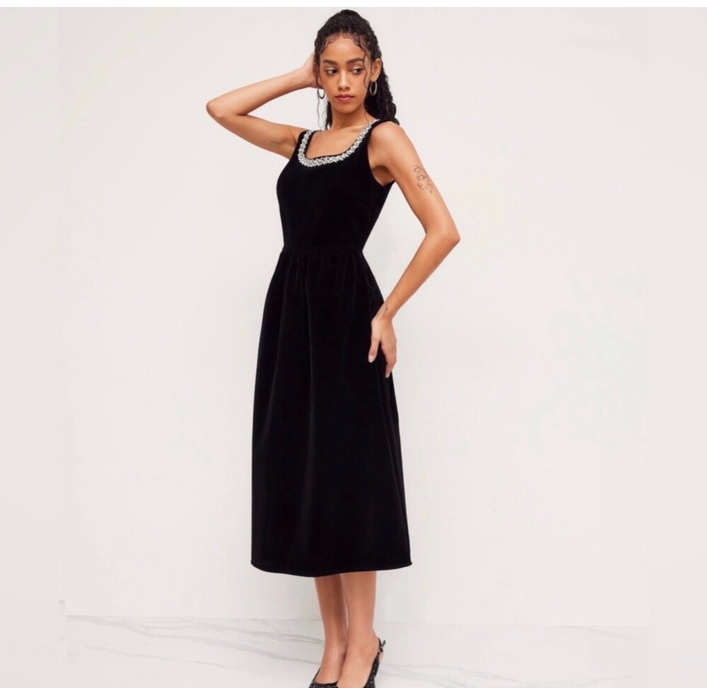 Cider Velvet Embellished Neckline Dress Black Velvet L Jeweled - Picture 7 of 8
